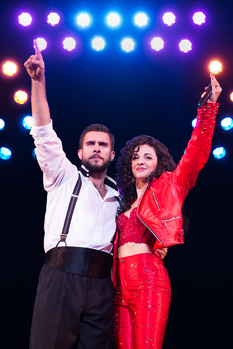 Josh Segarra and Ana Villafañe as Emilio and Gloria Estefan in On Your Feet!